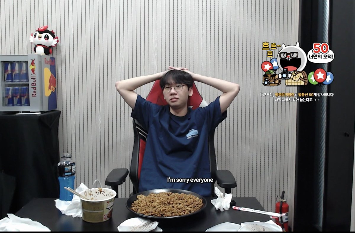 the aftermath of doran's noodle mukbang (he did not finish 5 packs) 

he said he genuinely believed he could do it and was disappointed in himself. he also apologised for not keeping his word 😭 this is real comedy