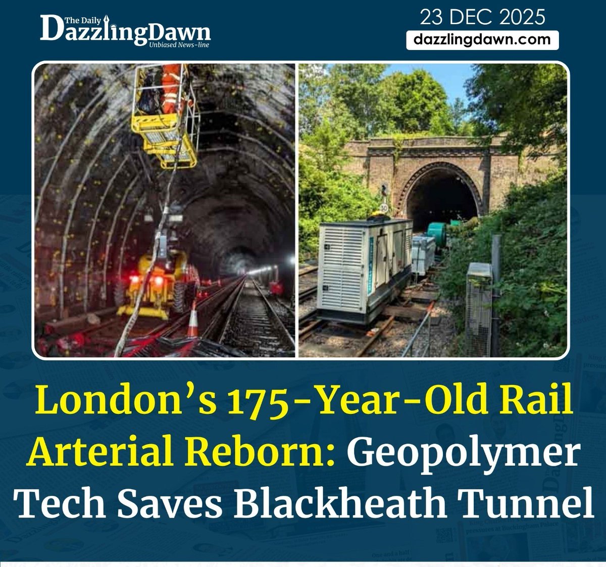 MunzerChowdhury's tweet image. dazzlingdawn.com/2025/12/23/lon…

From Victorian brickwork to 21st-century geopolymer science, witness how a £10 million tech-driven restoration has just future-proofed London’s historic Blackheath...

#BlackheathTunnel #LondonRail #CivilEngineering #InfrastructureInnovation #NetworkRail