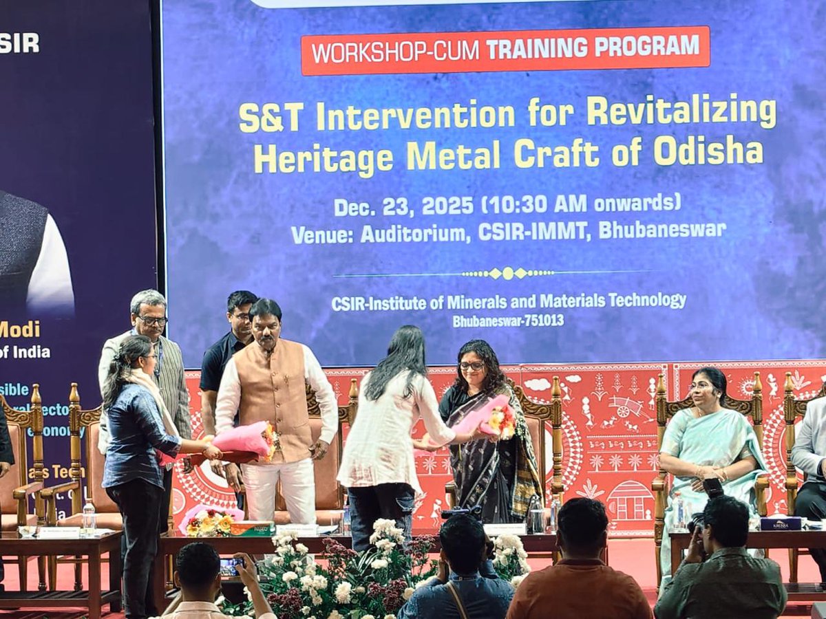 HTH_Odisha's tweet photo. A workshop cum training program on “S&T intervention for revitalizing Heritage Metal Crafts of Odisha” is organized by the CSIR- Institute of Minerals and Materials Technology, Bhubaneswar in association with Directorate of Handicraft, HT&H Deptt ,Govt. of Odisha today at CSIR-IMMT, Bhubaneswar.

The programme is inaugurated by Sri Pradeep Bal Samanta, Hon’ble Minister of Cooperation , Handlooms, Textiles & Handicrafts as Chief Guest. Smt. Guha Poonam Tapas Kumar, Commissioner-cum-Secretary , Handlooms, Textiles & Handicrafts Department as the guest of Honour  in presence of Smt. Nibedita Prusty, the Director of Handicrafts, Odisha, Dr. Ramanuj Narayan, Director, CSIR-Institute of Minerals & Materials Technology, Bhubaneswar and Senior Scientists of IMMT, Bhubaneswar.

This workshop-cum-training programme focuses on introducing science and technology interventions to strengthen Odisha’s traditional brass and bell metal craft sector. The initiative aims to upgrade artisans’ technical expertise, improve product quality, expand livelihood opportunities, and foster long-term economic sustainability.

Nearly 300 artisans from across the state have participated in the programme, reflecting the widespread interest and commitment to preserving this heritage craft.
During the sessions, CSIR-IMMT experts will showcase modern brass melting furnaces and demonstrated innovative S&T-based techniques in metal forming and surface finishing, offering artisans practical exposure to advanced methods that can transform their craft.
#OdishaCrafts #HeritageMetalCrafts #TechnologyMeetsTradition #ArtisanEmpowerment #CSIRIMMT #SustainableCrafts #InnovationInCrafts