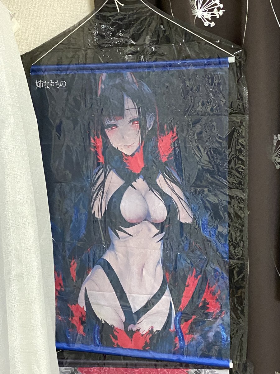 ダイソーで見かけた洋服カバーが萌タペストリーにちょうどいいんじゃないか?と思い試したら思った以上にぴったりだった。紐の部分どうにかしたらもっとジャストフィットすると思う 