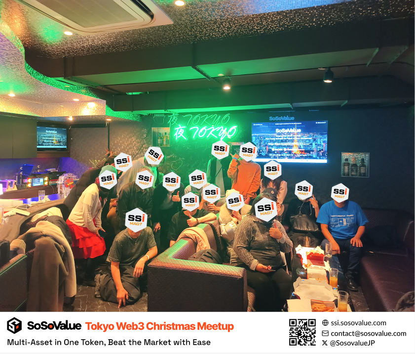 SosovalueJP's tweet image. SoSoValue Tokyo Web3 Christmas Meetup｜Recap

12月20日の夜、SoSoValue Tokyo Web3 Christmas Meetup🎄を開催しました。
ご参加いただいた皆さん、本当にありがとうございました！

当日は、SoSoValue の 3つの柱となるプロダクト をご紹介しました👇
・SoSoValue Terminal
・SSI（インデックス）…