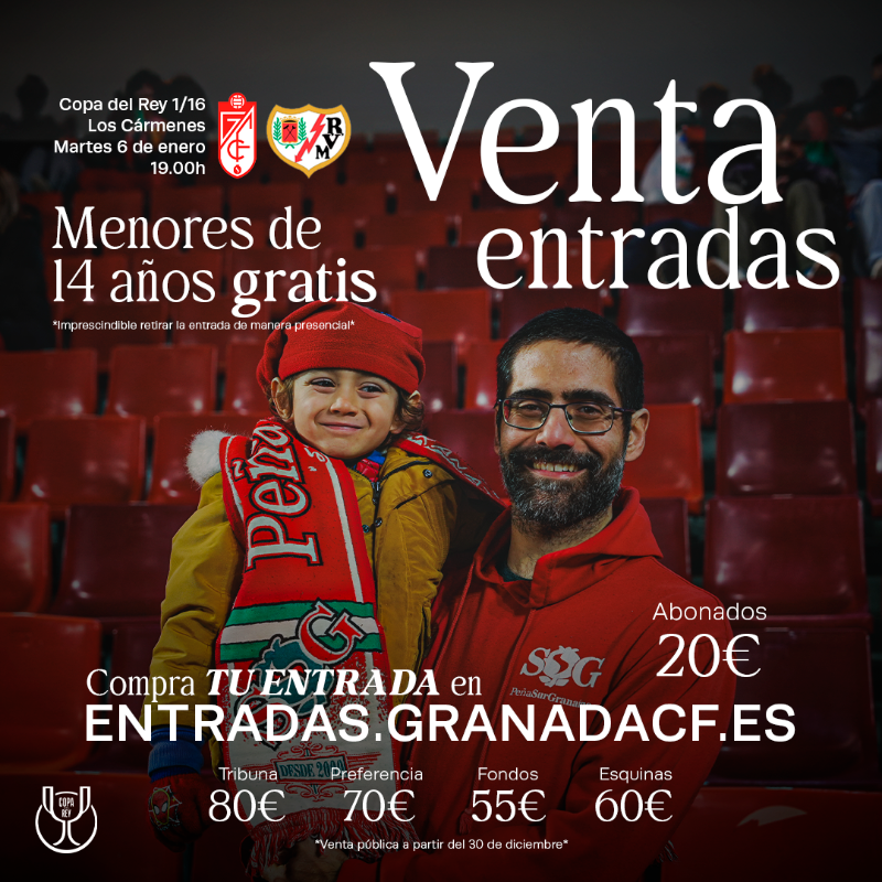 GranadaCF's tweet photo. 🎫 A la venta este martes las entradas para Copa del Rey

👶🏻 Los menores de 14 años accederán gratis