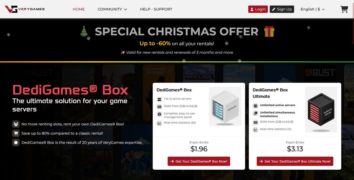 Happy Holidays! Enjoy 60% off on Verygames.com.
Get your Minecraft, Farming Simulator, Rust, and ARK server now! Starting at $1.96. 🎄