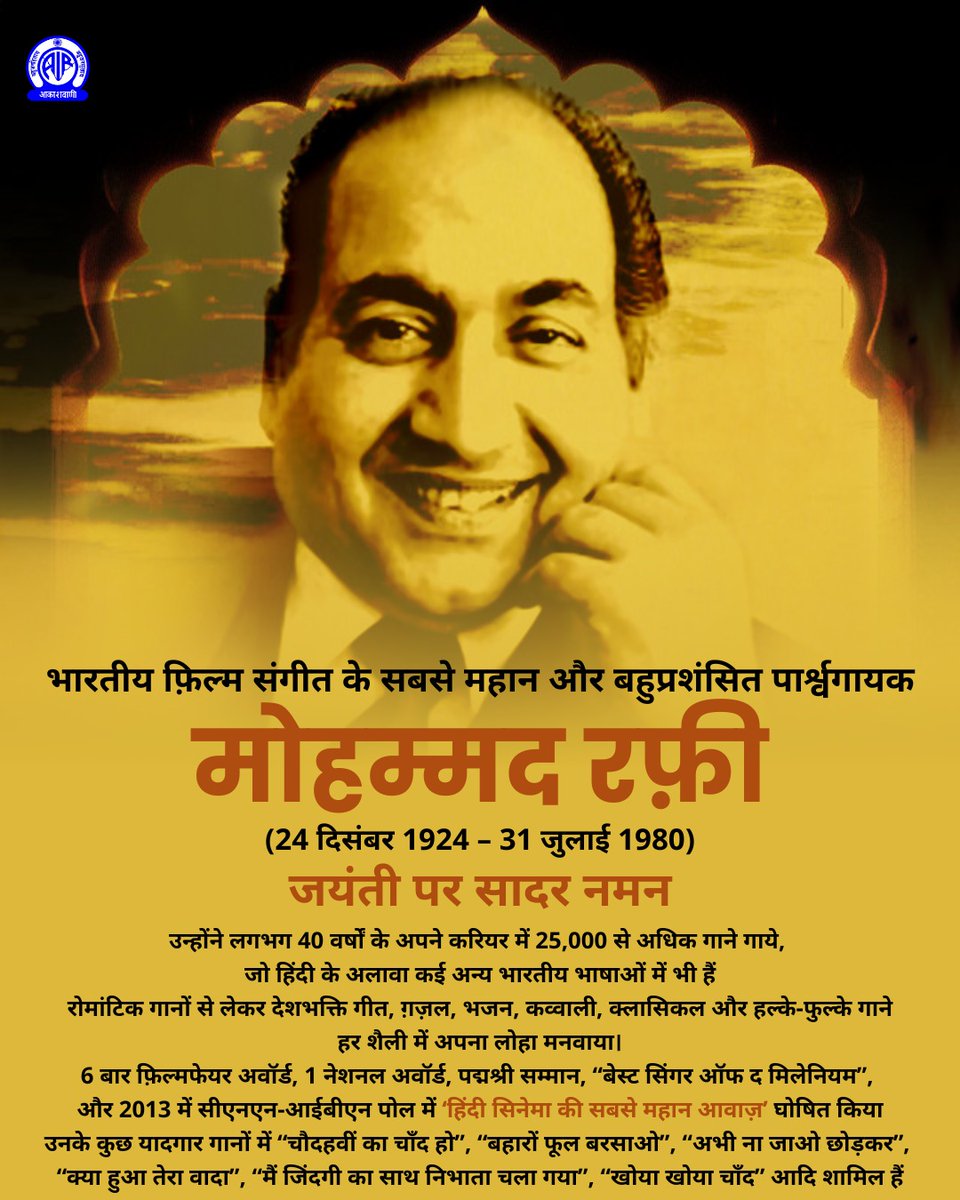 तुम मुझे यूँ भुला ना पाओगे🎶  

 हक़ीक़त में आवाज़ के जादूगर #रफ़ी_साहब सदियों तक याद रहेंगे. उनके लगभग 26,000 गाये गीत, ग़ज़ल, क़व्वाली में सादगी, संजीदगी, रूमानियत, विरह-वेदना की तड़प है तो शोखी भी. वे 6 बार फ़िल्मफ़ेयर पुरस्कार से अलंकृत किये गए थे.   

जयंती पर विनम्र नमन🙏