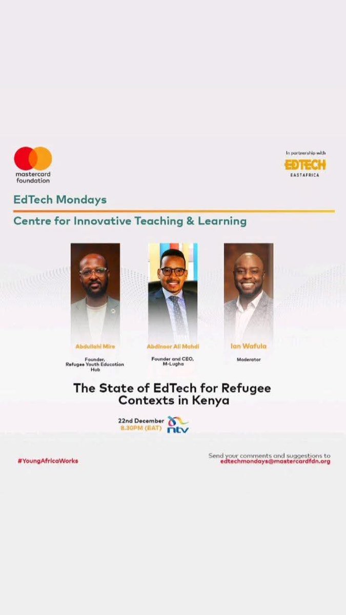 ryehhub20's tweet photo. Watch  #edtechmondays on @ntvkenya  by @Ian_Wafula   featuring @ryeh_2020  founder @MireAbdullahi   and @abdinoormahdi  on The state of EdTech for Refugee context in Kenya.

https://t.co/xkeEupuYzg https://t.co/fSpqDltbNj
