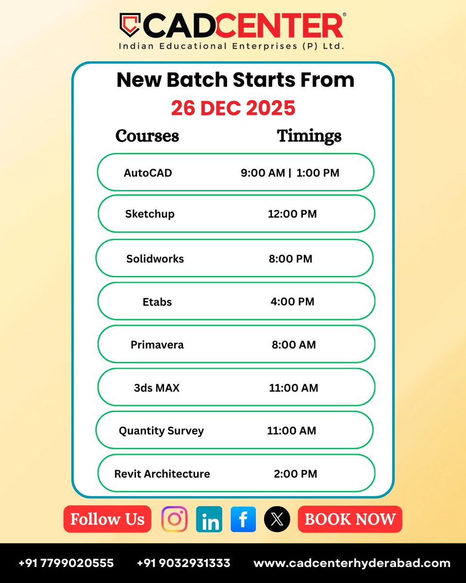 cadcenterhyd's tweet image. Ready to boost your skills with CAD Center Hyderabad? Join our new batch starting on 26th December 2025 at CADCENTER, Ameerpet — the go-to place for hands-on, practical learning that gets you job-ready fast.

#AutoCAD #AmeerpetCourses #CADTraining #DesignSkills #EngineeringDesign