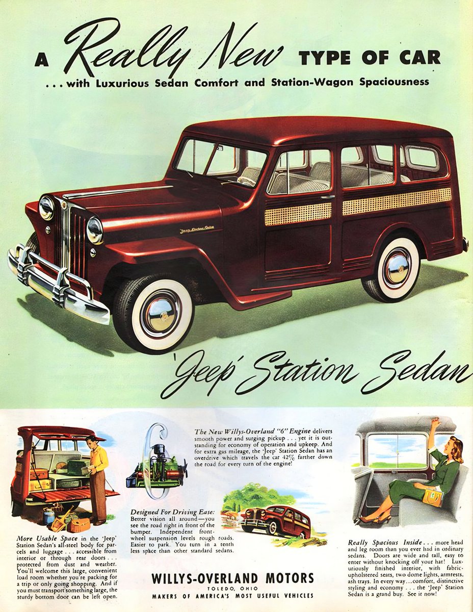 A really new type of car the Jeep Station Sedan, ad circa 1948! Happy Tuesday!
..............
#jeep #jeeplife #tuesday #legendary1941 #willys