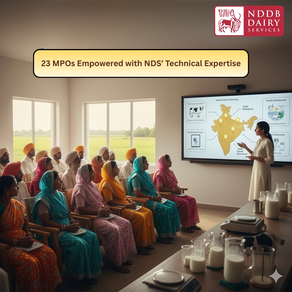 NDDBDairyServ's tweet photo. NDDB Dairy Services continues to strengthen the cooperative ecosystem by providing technical support to 23 Milk Producer Organisations (#MPOs) across the country.
From breeding and animal health services to fodder development, capacity building and digital record systems, this support helps MPOs improve productivity, enhance milk quality and deliver better value to their farmer members.
Stronger MPOs mean stronger livelihoods for rural dairy farmers.
#NDDB #NDS #NDDBDairyServices #MilkProducerOrganisations #MPOs #DairyFarmers