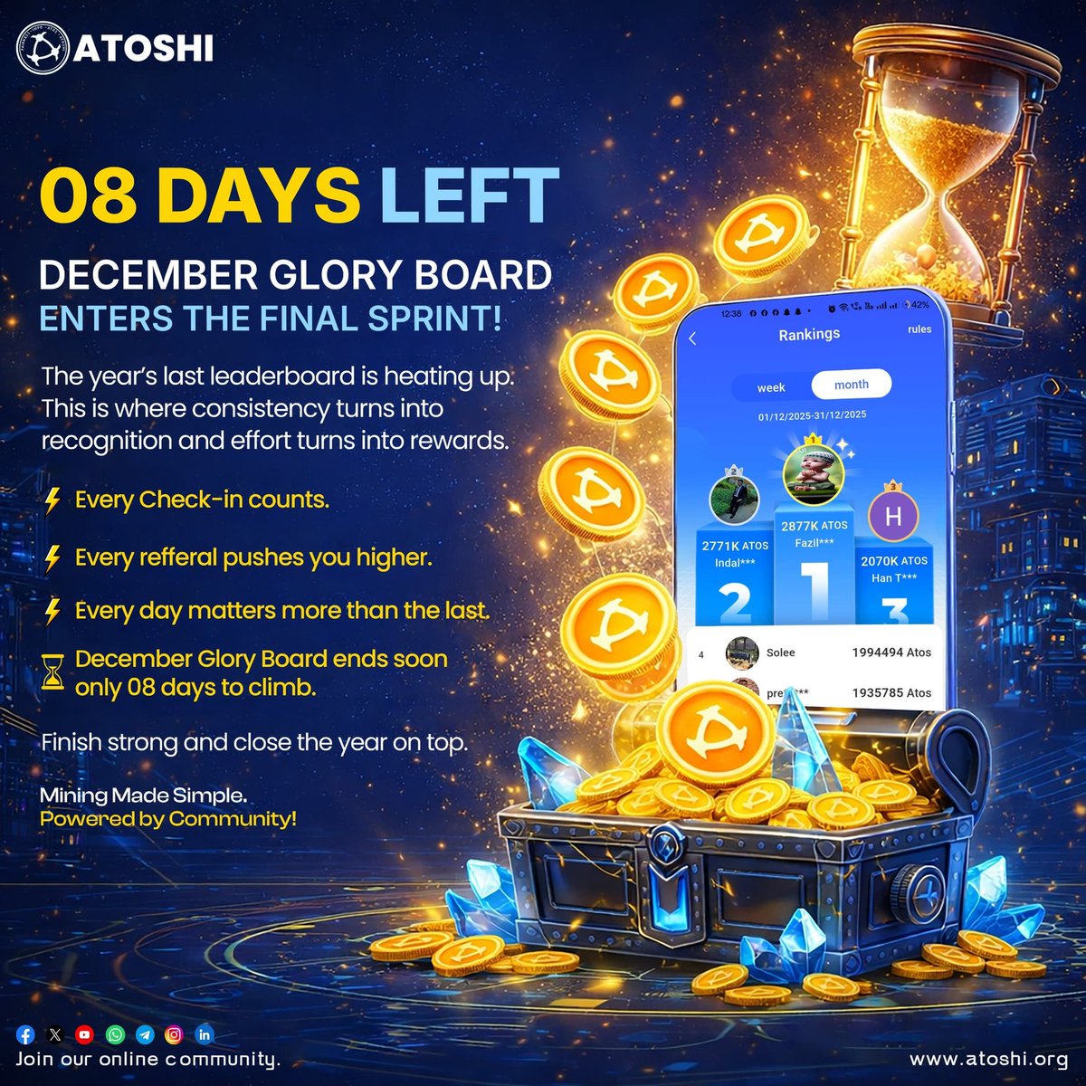 🏆 8 days remaining.
Consistency today becomes recognition tomorrow.

— Team ATOSHI
🌐 Mining Made Simple. Powered by Community.
📢 t.me/atoshichannel
