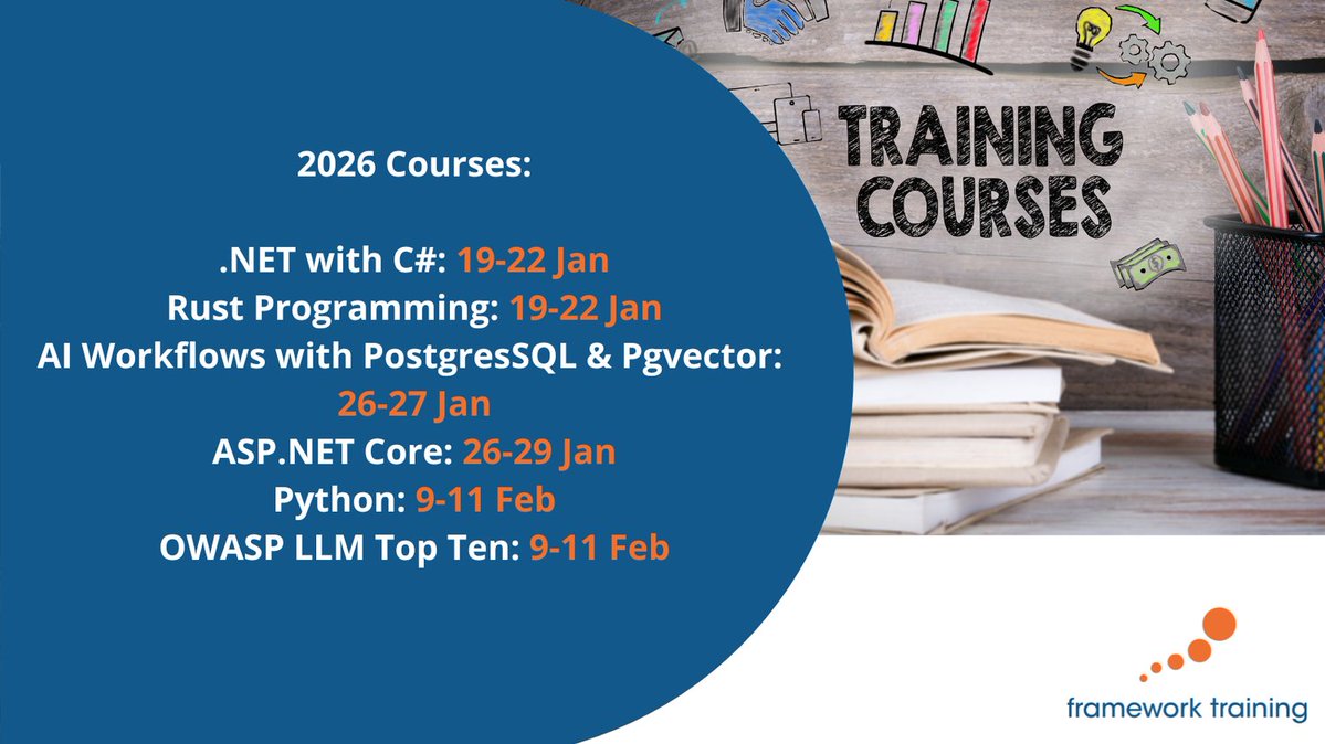FrameworkTrain's tweet image. A sneak peak at some of our public instructor-led technical training courses - all which can be customised for your teams.

#csharp #rustprogramming #aiworkflows #dotnet #pythonprogramming #owasp #LLM #technicaltraining