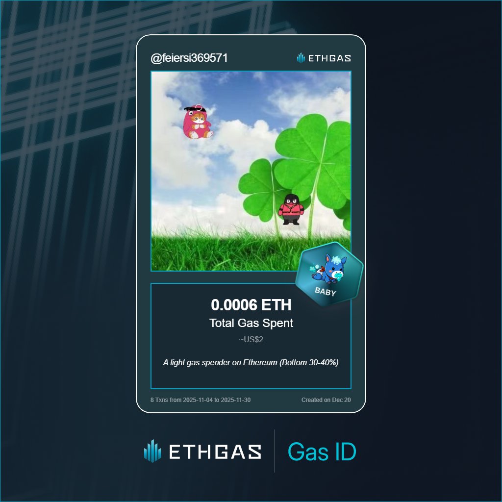 Discovered my Gas ID via ETHGas - turning my gas spend into rewards 🫘

As a Baby Jack, I've spent 0.0006 ETH on gas but earned 1 Beans back.

Get your Gas ID and Beans here: ethgas.com/community/gas-…