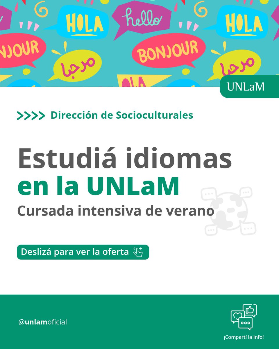 UnlamOficial's tweet image. 🌏 ¿Querés estudiar idiomas? Anotate en la cursada intensiva de verano 📚

· Inglés
· Portugués
· Italiano
· Francés
· Alemán
· Japonés
· Chino

Más info:
☎️ 4480-8900, internos 8823 y 8625
📲 11-5584-4566 WhatsApp (solo mensajes de texto)
💻 idiomas@unlam.edu.ar

#UNLaM #Idiomas