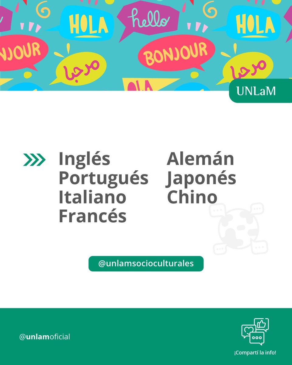 UnlamOficial's tweet image. 🌏 ¿Querés estudiar idiomas? Anotate en la cursada intensiva de verano 📚

· Inglés
· Portugués
· Italiano
· Francés
· Alemán
· Japonés
· Chino

Más info:
☎️ 4480-8900, internos 8823 y 8625
📲 11-5584-4566 WhatsApp (solo mensajes de texto)
💻 idiomas@unlam.edu.ar

#UNLaM #Idiomas