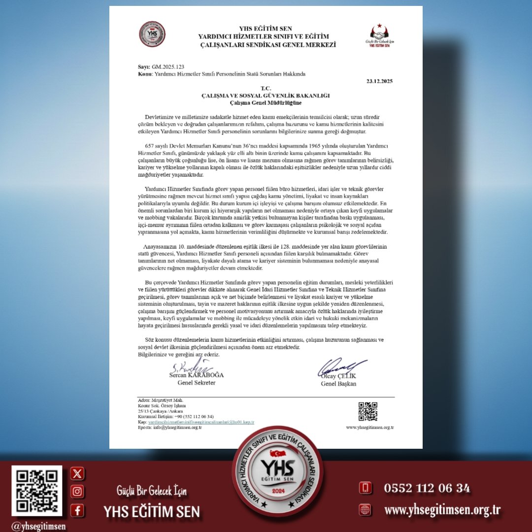 ÇALIŞMA BAKANLIĞINA YAZIMIZI YİNELEDİK !
Devletimize ve milletimize sadakatle hizmet eden kamu emekçilerinin temsilcisi olarak; uzun süredir çözüm bekleyen ve doğrudan çalışanlarımızın refahını, çalışma huzurunu ve kamu hizmetlerinin kalitesini etkileyen Yardımcı Hizmetler Sınıfı