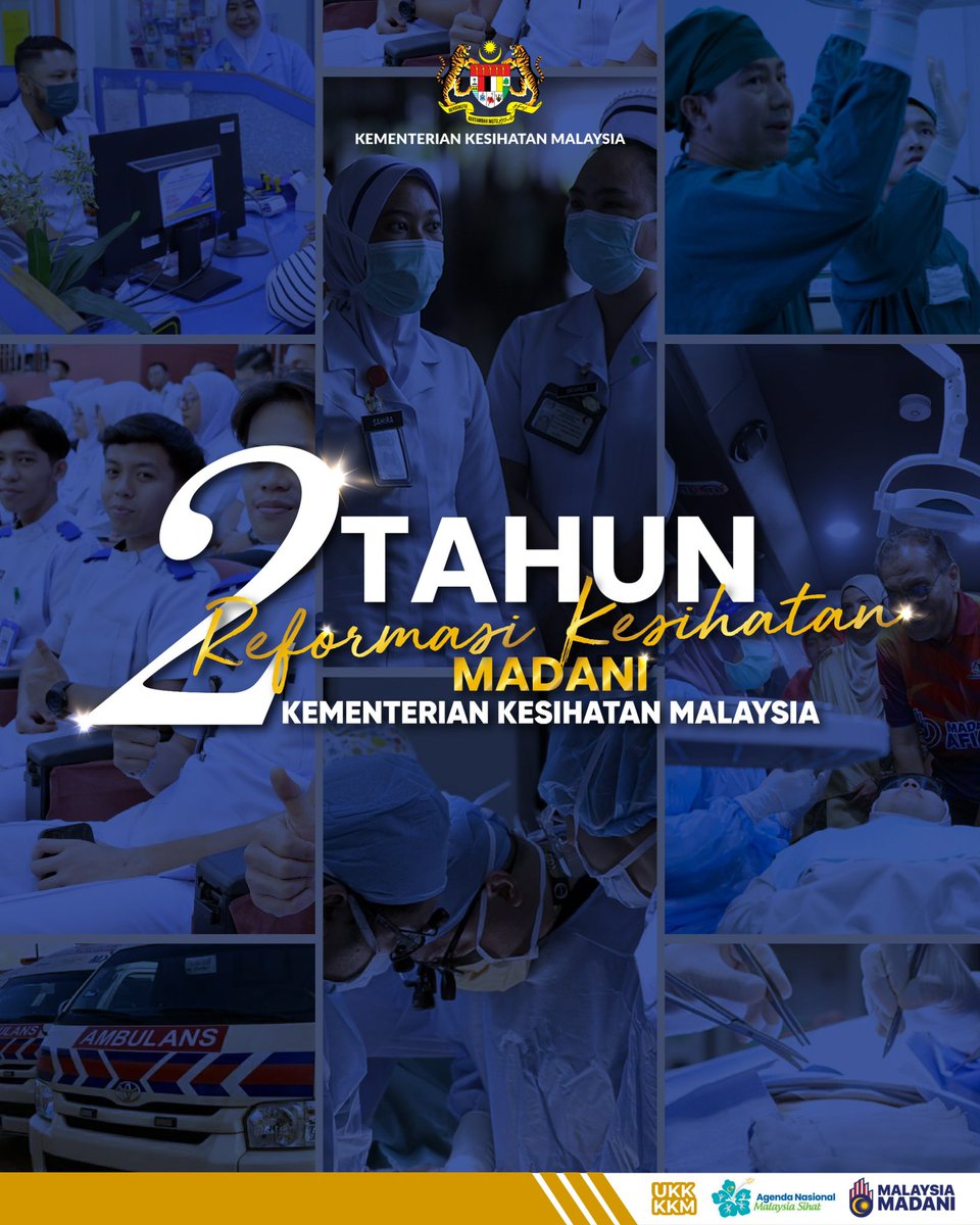 KKMPutrajaya's tweet photo. 𝐌𝐞𝐦𝐩𝐞𝐫𝐤𝐚𝐬𝐚 𝐊𝐞𝐬𝐞𝐣𝐚𝐡𝐭𝐞𝐫𝐚𝐚𝐧 𝐑𝐚𝐤𝐲𝐚𝐭 𝐌𝐞𝐥𝐚𝐥𝐮𝐢 𝐑𝐞𝐟𝐨𝐫𝐦𝐚𝐬𝐢 𝐊𝐞𝐬𝐢𝐡𝐚𝐭𝐚𝐧 𝐌𝐀𝐃𝐀𝐍𝐈 𝟐𝟎𝟐𝟑-𝟐𝟎𝟐𝟓

Di bawah kepimpinan YB Datuk Seri Dr. Dzulkefly Ahmad, Menteri Kesihatan, Kementerian Kesihatan Malaysia (KKM) komited dalam memperkukuh agenda kesihatan nasional melalui pelbagai inisiatif strategik yang berpaksikan kesejahteraan rakyat dan kelestarian sistem penjagaan kesihatan.

Sepanjang tempoh dua tahun ini, KKM telah berjaya mencapai kejayaan dengan melaksanakan reformasi dalam sektor kesihatan negara dalam beberapa teras utama:
🌐 Pendigitalan Kesihatan (1 Individu, 1 Rekod)
🚀 Transformasi Sistem Kesihatan: Inisiatif RESET 2025–2027
🏥 Pemperkasaan Perkhidmatan & Kebajikan Modal Insan
🧠 Kesihatan Mental & Literasi Kesihatan
🍎 Kesejahteraan Nutrisi & Komuniti
🌍 Kepimpinan di Pentas Global
⚖️ Pemperkasaan Perundangan & Kawal Selia
🛡️ Pengukuhan Pencegahan & Perlindungan Rakyat
🤝 Akses Perkhidmatan & Kolaborasi Komuniti

KKM komited dalam memastikan setiap rakyat mendapat akses kesihatan yang adil dan berkualiti tinggi. Segala usaha transformasi ini dirangka bagi membina masa depan Malaysia yang lebih sihat, berdaya saing, dan sejahtera.

Kementerian Kesihatan Malaysia — Untuk Rakyat ❤️

#KKMPrihatin #SihatBersama #MalaysiaSihat #MADANIBekerja #RancakkanMADANI #ReformasiKesihatanMADANI