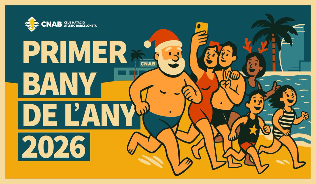 🎉 Any nou, propòsits nous i... a l'aigua!

🌊 Comenceu el 2026 amb energia! Avui a les 12 h us esperem a la platja de Sant Sebastià per al Primer Bany de l'Any del <a href="/CNAB_oficial/">Club Natació Atlètic-Barceloneta</a>.

Ens mullem per l'<a href="/hospitalcampany/">@hospitalcampany</a> amb el suport de <a href="/FundlaCaixa/">Fundación ”la Caixa”</a>, <a href="/caixabank/">CaixaBank</a> i Barcelona Voluntària.