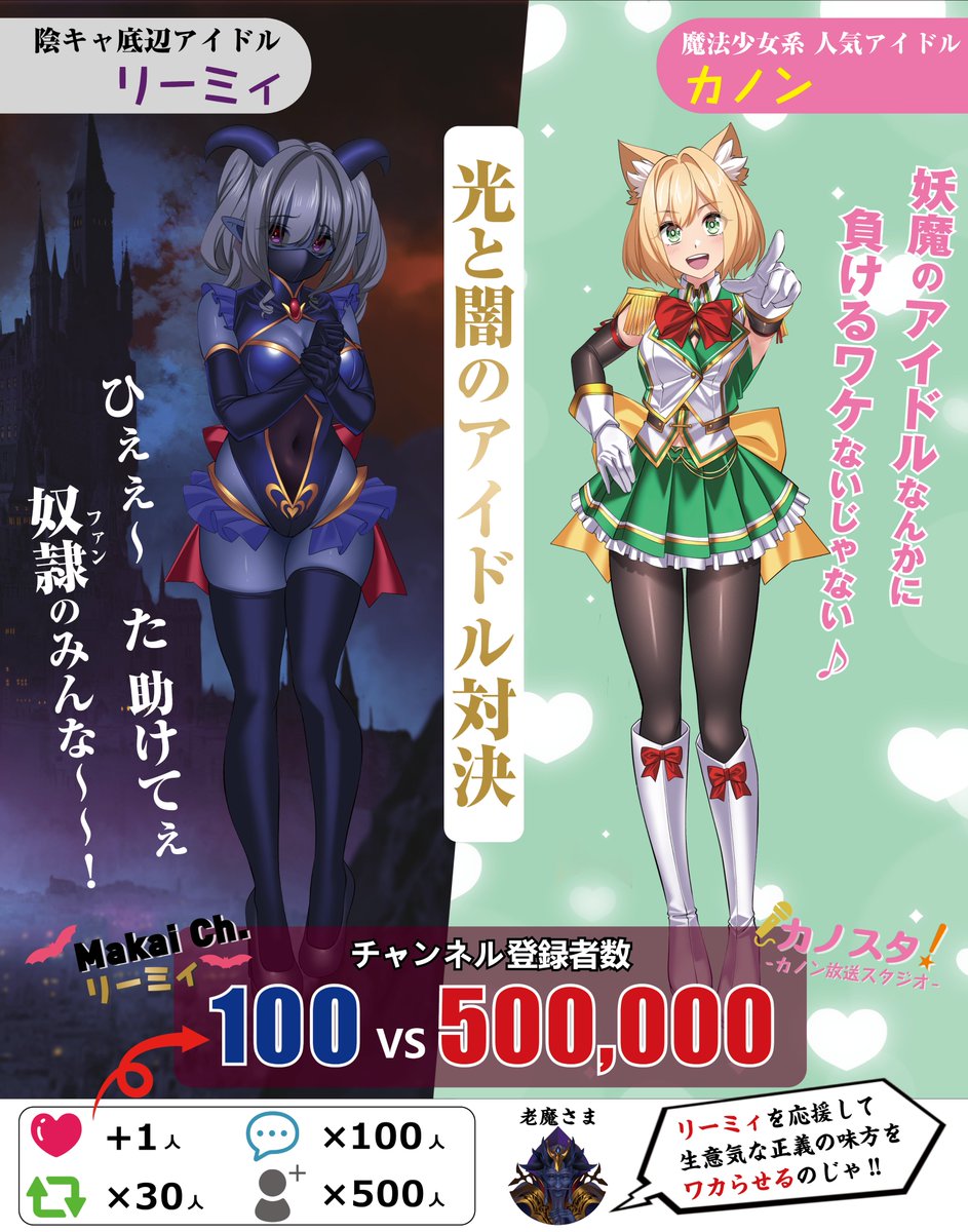 お歌がうまいネットアイドル系正義のヒロインに、登録者100人のザコ妖魔がはたして勝てるのか…！？
（いいねとRPで強くなります！）