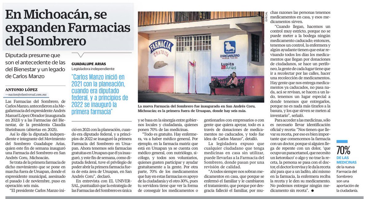 bereaguilarv's tweet photo. ¡Ups! Algunos en Michoacán y en Palacio van a enfurecer…

En Michoacán se expande un modelo que sí funciona.
Las Farmacias del Sombrero -vinculadas a Carlos Manzo- crecen con donaciones ciudadanas y atención médica.
Una respuesta local ante el abandono del sistema de salud. https://t.co/qe5lHA0vLS