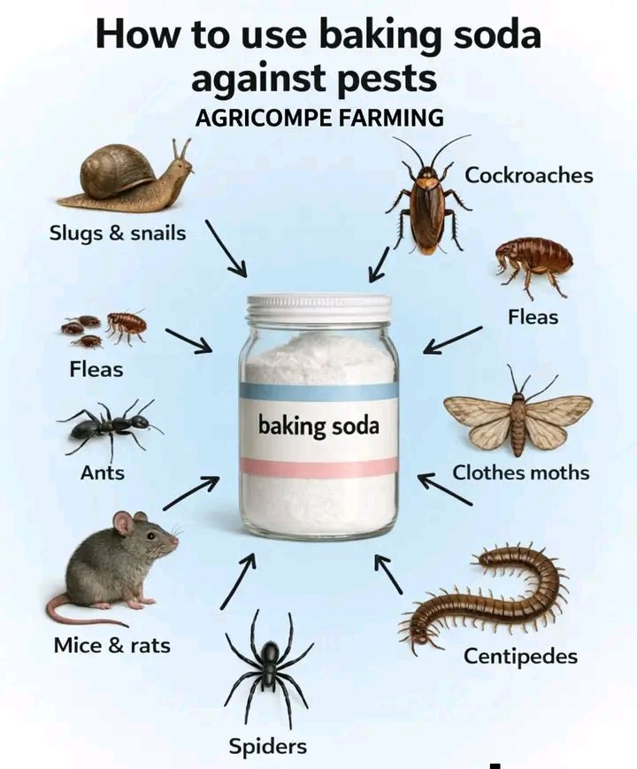 BAKING SODA FOR PEST CONTROL 🌿

Baking soda is cheap, safe, and handy. With a few simple tricks, it can help keep pests away without using strong chemicals.  

1️⃣ Cockroaches  
Mix equal parts baking soda and sugar. Sprinkle behind fridges, stoves, and in dark corners.  

2️⃣