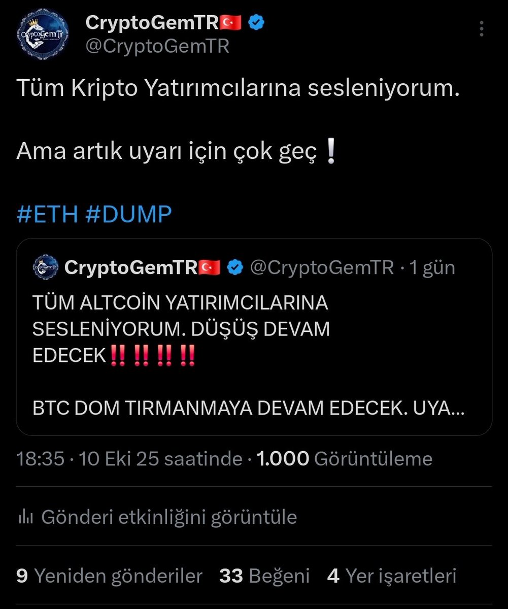 CryptoGemTR's tweet photo. EKİMDE DEFALARCA KEZ UYARI YAPTIM CİDDİYE ALMADINIZ‼️

ARKADAŞLAR AMACIM SİZİ SERT ÇÖKÜŞTEN KORUMAK BU GÜN KÂRDA DA OLSAN ZARARDA DA OLSAN NAKİT ÇIKARMAN GEREKİYOR. 

BTC VE ETH ÇOK BÜYÜK OPERASYON YİYECEK SAÇAMA SAPAN ŞEKİLDE İNAT EDİP BENİ GÖRMEZDEN GELMEYİN YAZIK OLACAK SİZE. DAHA NE KADAR DAHA DÜŞER DEMEYİN. BU GÜN 2X ZARARDA 3X ZARARDA 5X ZARARDA DA OLSAN SATTIĞIN FİYATIN EN AZ %40 AŞAĞISINDAN ALACAKSIN. 

EXİT PUMP VE SHORT PATLATMA PUMPU OLABİLİR AMA ÇOK ÇOK YAKINDA BTC VE ETH BÜYÜK SERT DUMP GELECEK UYARIYORUM İSTER DİNLEYİN İSTER DİNLEMEYİN AMA ÖNCE Kİ UYARILARIMI DİNLEMEYENLER GİBİ KEŞKE DİYECEKSİNİZ BİLESİNİZ.