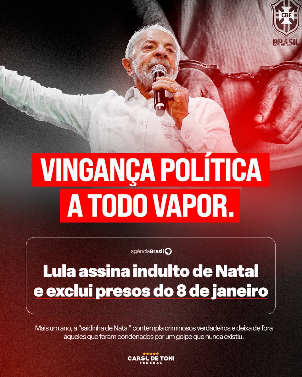 O indulto de Lula é uma piada!

Enquanto cidadãos seguem presos e perseguidos pelo 8 de janeiro, Lula usa a caneta presidencial para aliviar a barra de condenados por corrupção, peculato, lavagem de dinheiro e fraudes em licitação. Não é coincidência. É método. O PT sempre teve