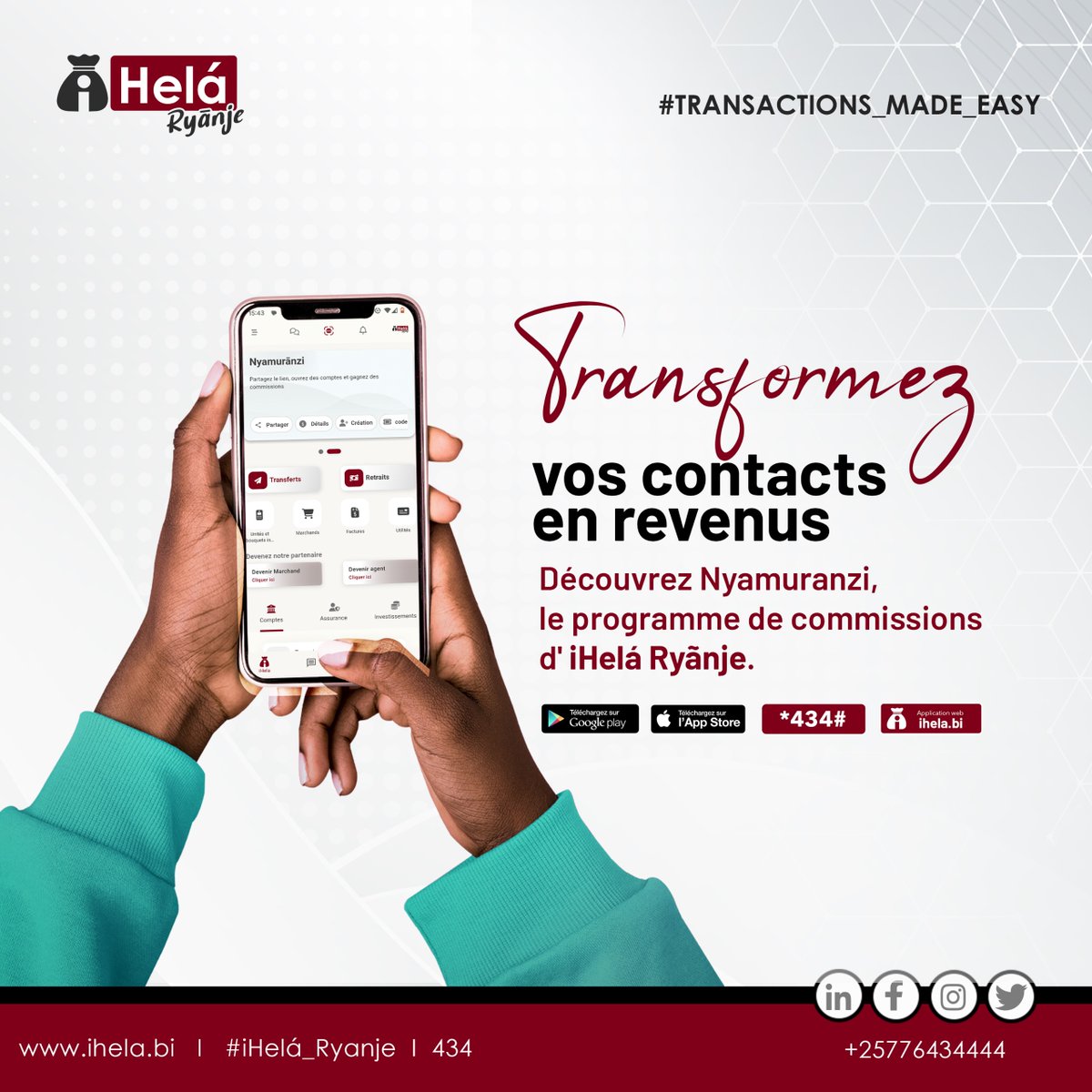 💰Découvrez Nyamuranzi, le programme de commissions d'iHelá Ryãnje!
Utilisez Nyamuranzi pour ouvrir des comptes pour vos amis et proches et gagnez des commissions sur chaque transaction qu’ils effectuent.  💸
Chaque compte que vous créez vous rapporte !