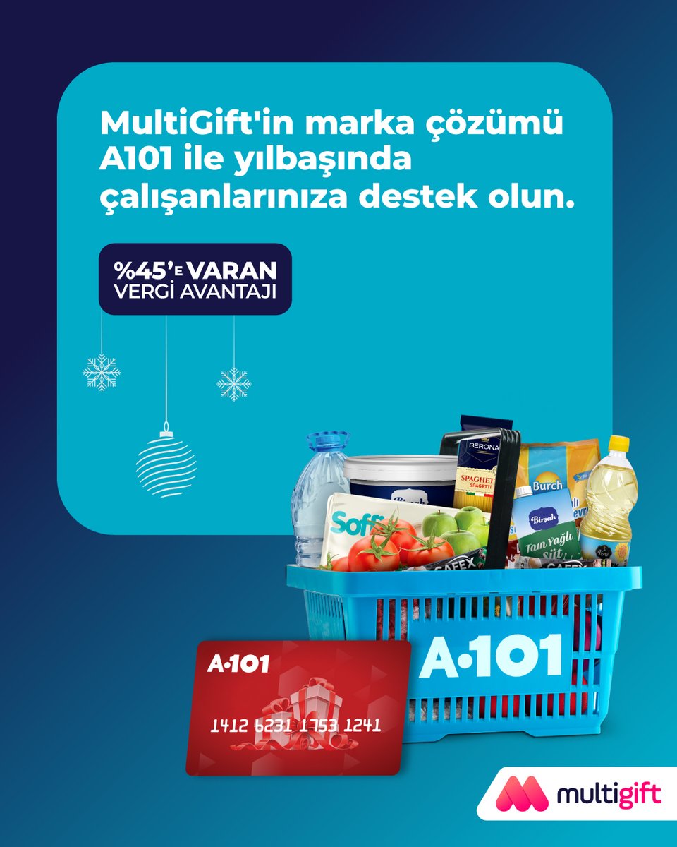 multinetcomtr's tweet image. Yeni yıl mutluluğu MultiGift ile çoğalır. ✨

Çalışanlarınıza A101 marka çözümü ile yeni yıl desteği sunun, şirketiniz %45’e varan vergi avantajından faydalansın.

Detaylı bilgi için tıklayın: multinet.com.tr/a101-yilbasi-d…

#MultiGift #KurumsalHediyeKartı