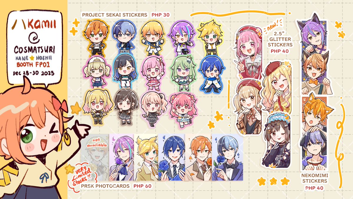 hakakamiiii's tweet image. [ RTs 💛] 

Hello! Here's my merch catalog for #CosplayMatsuri2025  [1/2]
I'll be at Kane⭐️Hoshii table FP01 ! See you!!

✨Mint Fantome, Indie Vtubers, Nijisanji EN, Prsk, Uma Musume, ALST and more!

Check ⬇️for the map &amp;amp; more info!
 #fanfairatcosplaymatsuri2025 #CosMatsuri2025