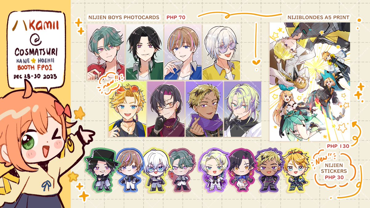 hakakamiiii's tweet image. [ RTs 💛] 

Hello! Here's my merch catalog for #CosplayMatsuri2025  [1/2]
I'll be at Kane⭐️Hoshii table FP01 ! See you!!

✨Mint Fantome, Indie Vtubers, Nijisanji EN, Prsk, Uma Musume, ALST and more!

Check ⬇️for the map &amp;amp; more info!
 #fanfairatcosplaymatsuri2025 #CosMatsuri2025