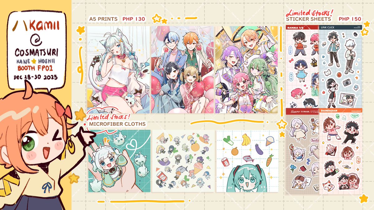 hakakamiiii's tweet image. [ RTs 💛] 

Hello! Here's my merch catalog for #CosplayMatsuri2025  [1/2]
I'll be at Kane⭐️Hoshii table FP01 ! See you!!

✨Mint Fantome, Indie Vtubers, Nijisanji EN, Prsk, Uma Musume, ALST and more!

Check ⬇️for the map &amp;amp; more info!
 #fanfairatcosplaymatsuri2025 #CosMatsuri2025
