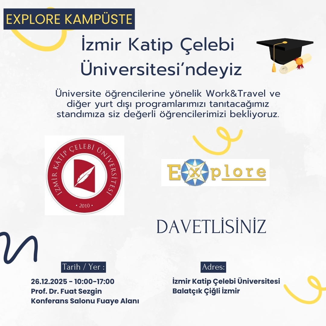 2025 yılında son durağımız;İzmir Katip Çelebi Üniversitesi
26 Aralık 2025 Cuma günü;üniversite öğrencilerine yönelik Work&amp;Travel ve diğer yurt dışı programlarımızı tanıtacağımız standımıza siz değerli öğrencilerimizi bekliyoruz.
#universite #izmirkatipçelebiüniversitesi #izmir