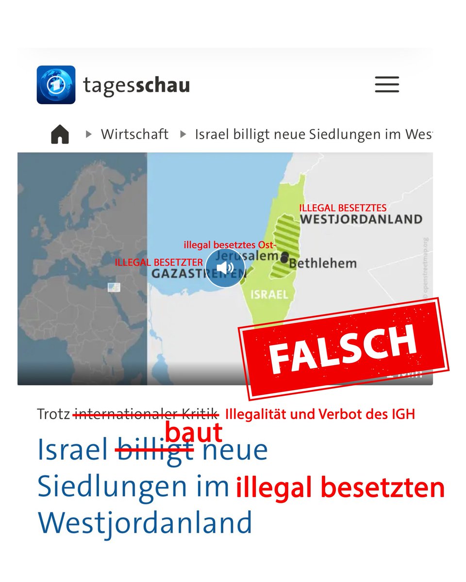Liebe @Tagesschau,

ein Dieb kann sich keine „neuen Besitztümer billigen“. Diebstahl ist eine aktive Straftat. So verhält es sich auch mit dem Bau illegaler Siedlungen auf völkerrechtswidrig von Israel besetzten palästinensischen Westjordanland. Israel hat nicht das Recht, dort
