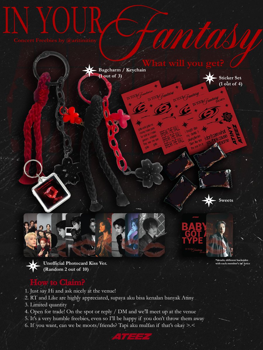 aritinitiny's tweet photo. ♥️🖤 ATEEZ In Your Fantasy Jakarta 🖤♥️
Freebies by @aritinitiny

📅 31 Januari 2026
📍ICE BSD, details TBA

Notes:
🌹Details on pic
🌹First come, first serve
🌹RT and Likes are appreciated very much🫶

See you atiny, can't wait♥️

#ATEEZinJakarta #ATEEZ #InYourFantasyinJKT https://t.co/zT7gCl0hrq