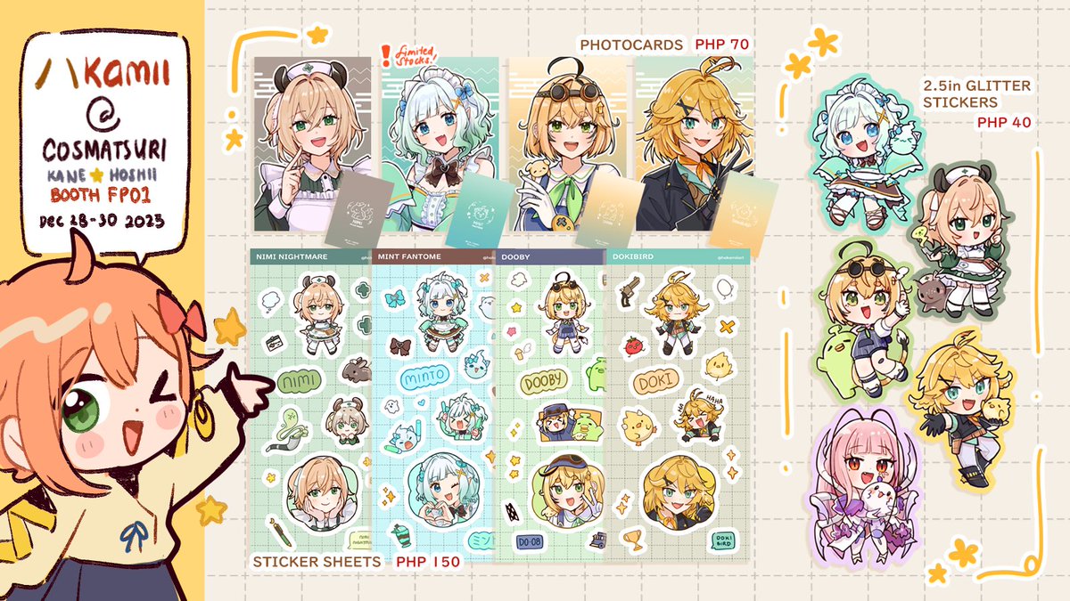 hakakamiiii's tweet image. [ RTs 💛] 

Hello! Here's my merch catalog for #CosplayMatsuri2025  [1/2]
I'll be at Kane⭐️Hoshii table FP01 ! See you!!

✨Mint Fantome, Indie Vtubers, Nijisanji EN, Prsk, Uma Musume, ALST and more!

Check ⬇️for the map &amp;amp; more info!
 #fanfairatcosplaymatsuri2025 #CosMatsuri2025
