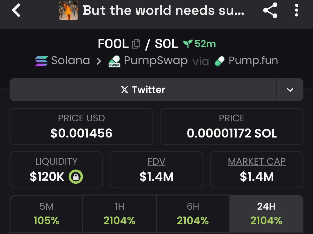 Raghavak0nSol's tweet image. 7x ✅✅✅✅✅✅✅✅✅✅✅✅✅ 

$FOOL

MCAP: $1.4m

CA:
73y9XcvTKo1CriFAAX4JWmUn6Y9yP2cS2pc1iA8pump

#SOL
#FOOL