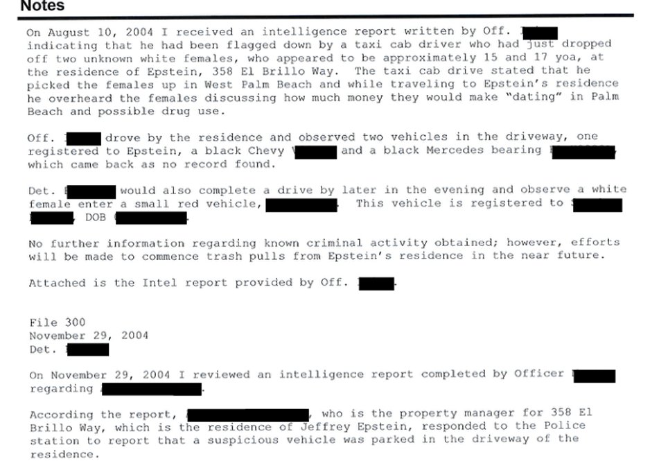 TVolscho's tweet image. A taxicab driver alerted police about Epstein's house after dropping a 15 and 17 year old off there in 2004. 

So there was a light buzz of investigative activity before the major investigation started (when a stepmom reported her 14-year old daughter has been assaulted by  JE)