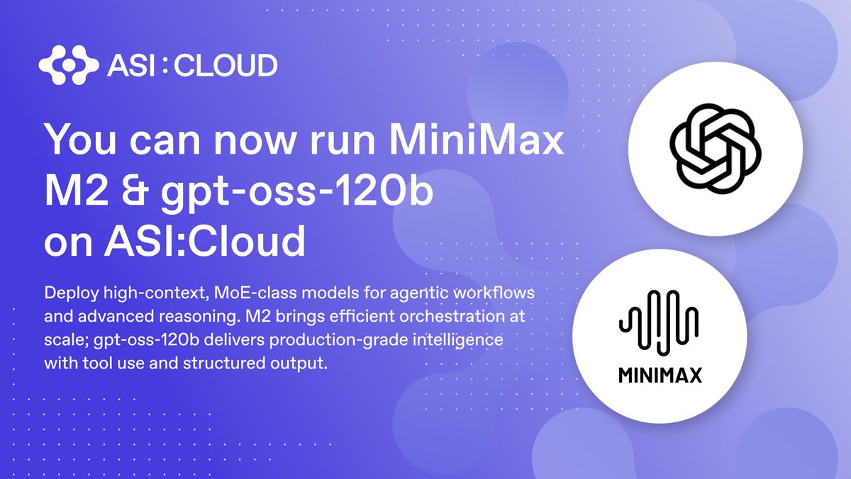 📢 Nuevos modelos 🧠 open-weight ya están live
Deployá GPT-OSS-120B y MiniMax M2!

• 120B: Apache-2.0, ~130K de contexto
• M2: 230B total, 10B activos, diseñado para agentes
• Login con wallet
• Pago por token
• Sin KYC

Arrancá a deployar modelos open en ASI:Cloud 👇
