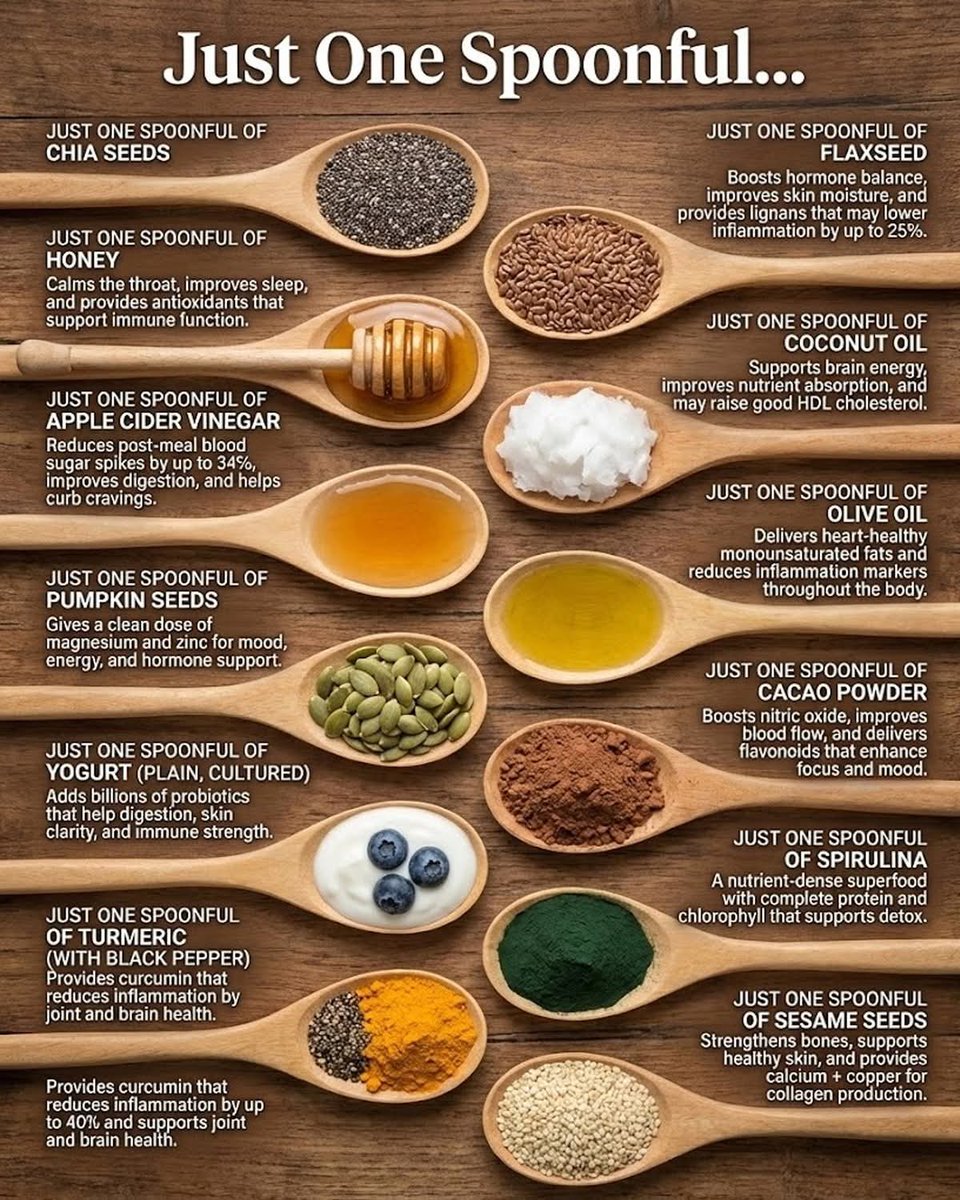 BarbaraOneillAU's tweet image. 🥄 Just ONE spoonful a day can change a lot…
Chia. Flax. Honey. Olive oil. Turmeric.

Tiny habits → big impact 🌱
Your body doesn’t need extremes — it needs consistency.

Food is information. Choose wisely. 🧠✨