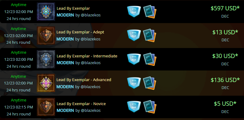 ⏰ Battles begin in ~2 hours! ⏰

🎉 Lead By Exemplar Tournament 🎉
5 tournaments • All skill levels • 1,300,000 DEC total prizes 💎

Haven’t signed up yet? Head over to Upcoming Tournaments and join the tournament that matches your current highest rating.

From Novice to