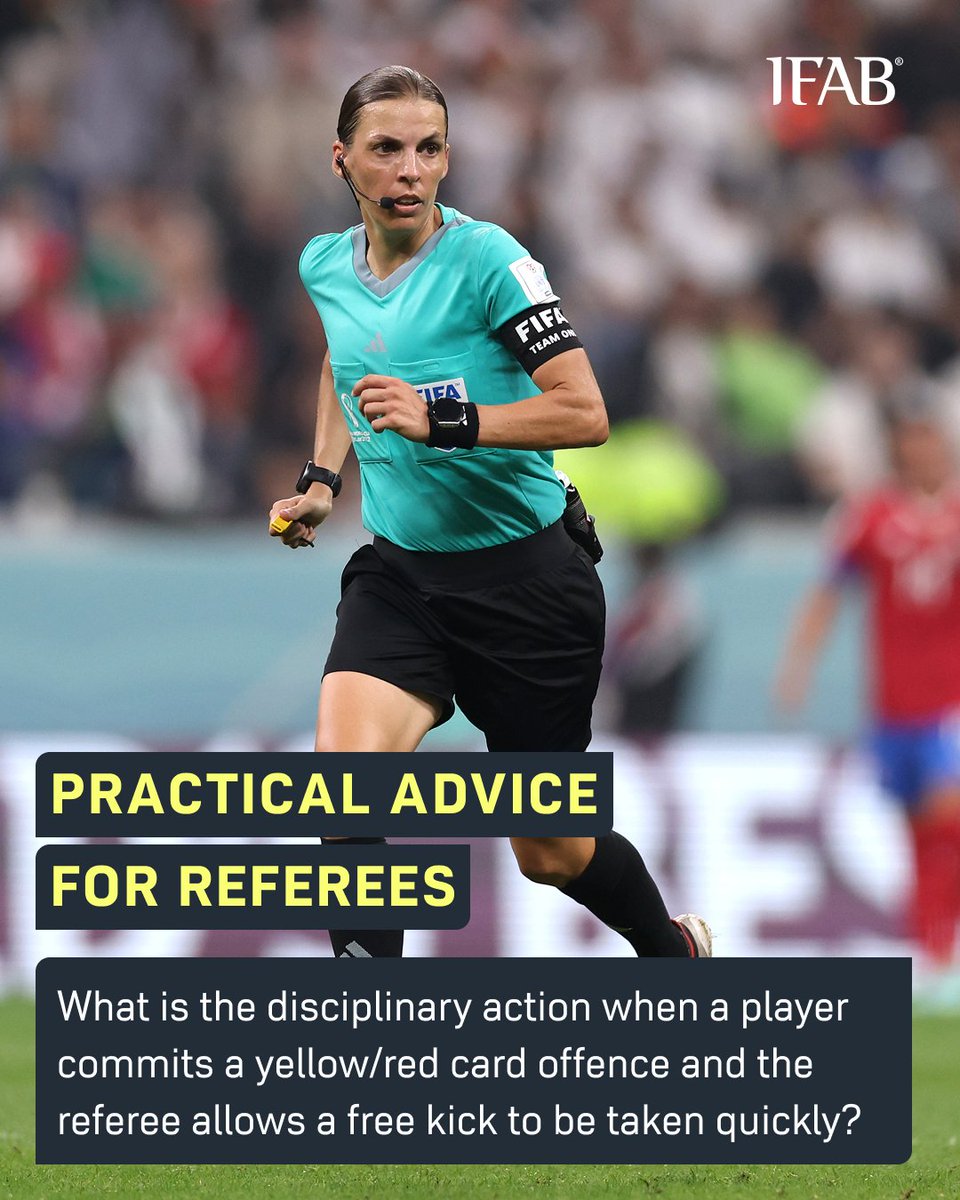 PHYSICAL OFFENCE

If the #referee allows a quick free kick following an offence that would have resulted in a yellow (YC) or red card (RC) being shown, the card must usually be shown next time the game stops, e.g.:
➡️ YC for a reckless tackle
➡️ RC for serious foul play