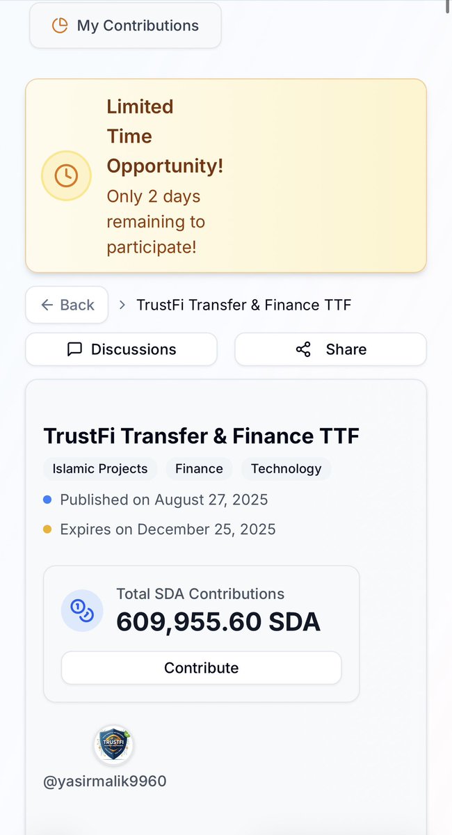 ⏳ Only 2 Days Left!
TrustFi Transfer &amp; Finance (TTF) is gaining momentum with 609,955.60 SDA contributed by participants. Invest now and join the future of Shariah-compliant finance.
#Sidrachain #TTF #SideaDex #Growth
👇👇👇
sidrastart.com/project/c7b017…
