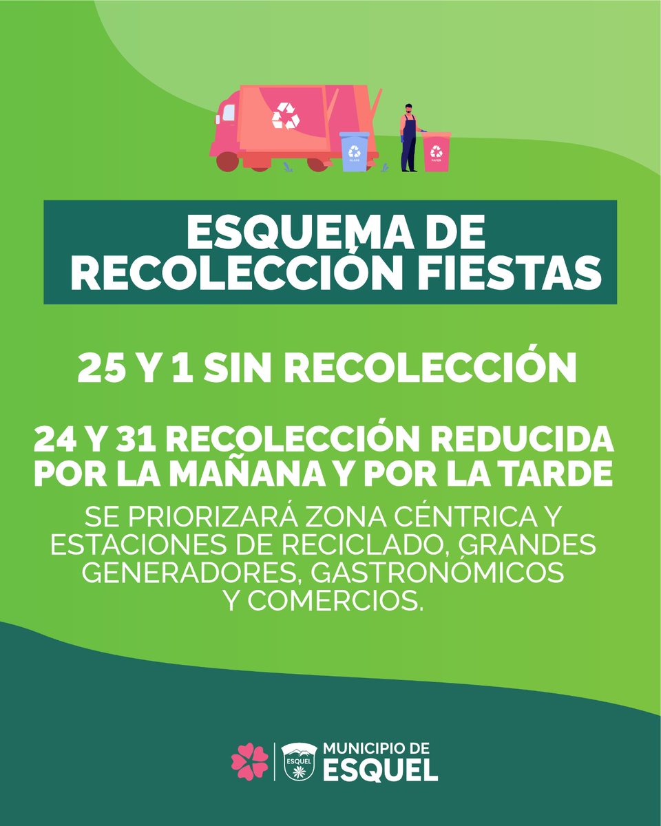 ♻️ Recolección de residuos durante las Fiestas ♻️

✅ Viernes 27 de diciembre y viernes 2 de enero, el servicio se retoma con normalidad.