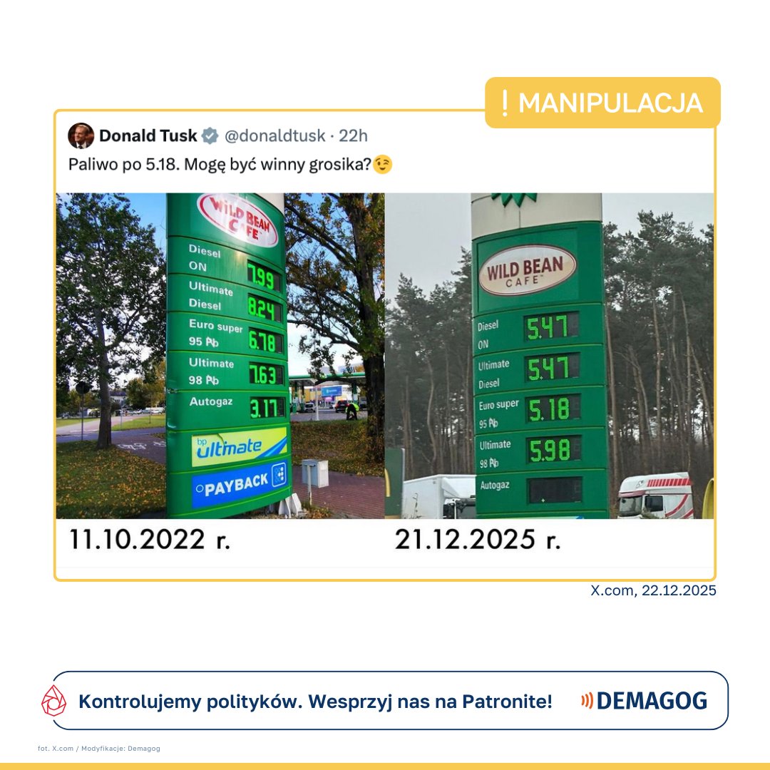 DemagogPL's tweet image. ⛽ W czerwcu 2022 roku @donaldtusk zapowiedział, że gdyby znów został premierem, następnego dnia paliwo na stacjach kosztowałoby 5,19 zł.

👉 22 grudnia 2025 roku opublikował zdjęcie pylonu cenowego, na którym widnieje cena 5,18 zł za litr benzyny bezołowiowiej 95. Post podali…