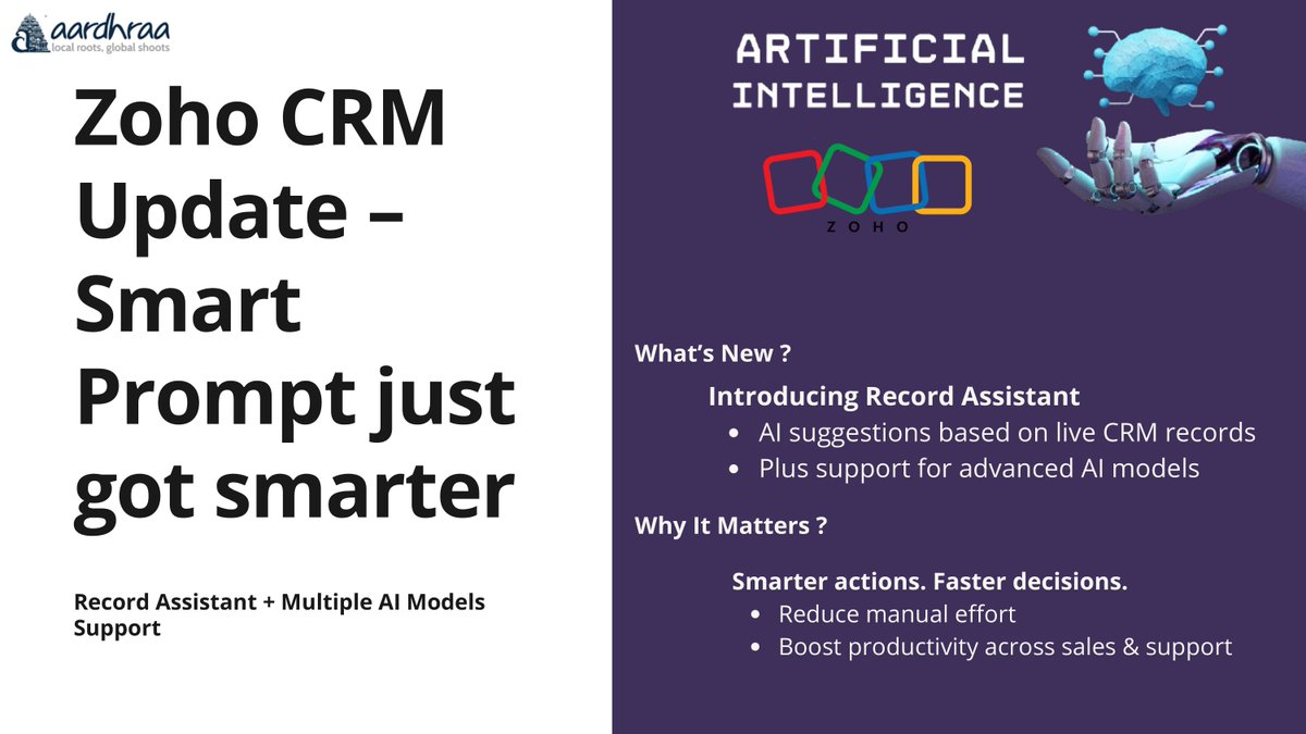 aardhraa_tech's tweet photo. Zoho CRM’s Smart Prompt now comes with Record Assistant &amp; advanced AI: ✅ Context-aware suggestions ✅ Faster decisions ✅ Boosted productivity

#ZohoCRM #AI #CRM  #SaaS #Productivity https://t.co/gM78l9WyWG