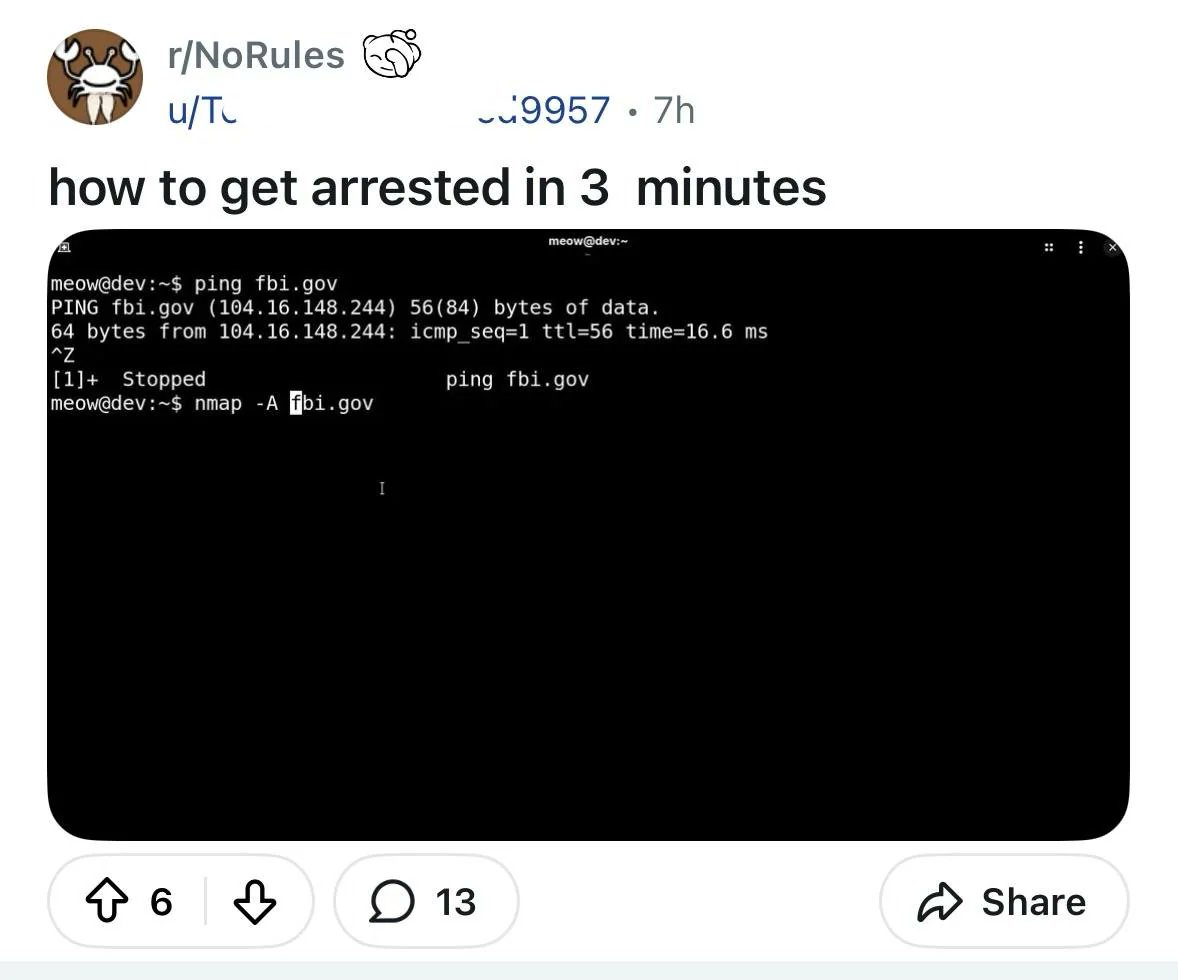 stupidtechtakes's tweet photo. How to get arrested in 3 minutes: curl fbi(.)com https://t.co/EjCQLqWPPq