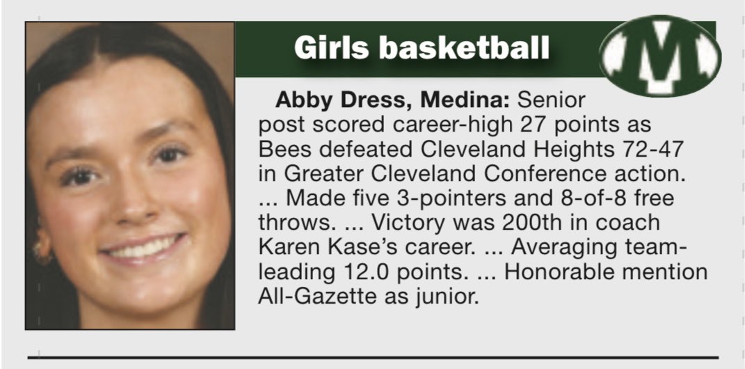 medinagbball's tweet photo. Congrats on Medina County Player of the Week…a well-deserved honor, Abby! https://t.co/aCK2aR4ja6