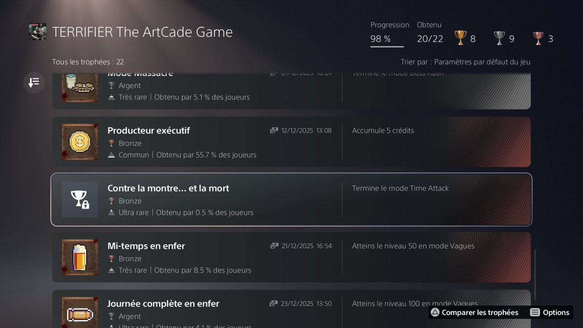 RealBadTaste's tweet photo. TERRIFIER The ArtCade Game

Combo 30 coups dans la douleur. ✔️
Mode endurance 100/100 (long mais super fun). ✔️

Le mode Time Attack par contre, je ne suis pas dans les temps. Ça va me demander beaucoup d'entraînement. 🫤

#PlaystationTrophy #PS5Share #TERRIFIERTheArtCadeGame https://t.co/A4tzBqKrnY