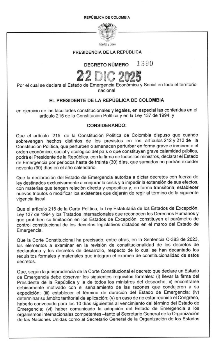 Pedro_Leyva's tweet image. El regalo de #Navidad del gobierno: 📤

🆘 Emergencia económica, bonos caros y más impuestos: cuando el problema no son los recursos, sino cómo se gasta. 🆘

Decreto 1390 - “Emergencia económica” de 2025 no nace de un choque externo, sino de un desorden fiscal interno. El…