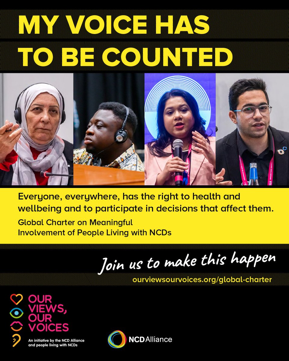 ncdalliance's tweet image. Is your organisation involving people living with NCDs in decision-making that affects their lives?

✍️Endorse the Global Charter on Meaningful Involvement and let's unlock the power of lived experience in NCD policy, programmes and decision-making 👉 pulse.ly/ambxu7zsom…