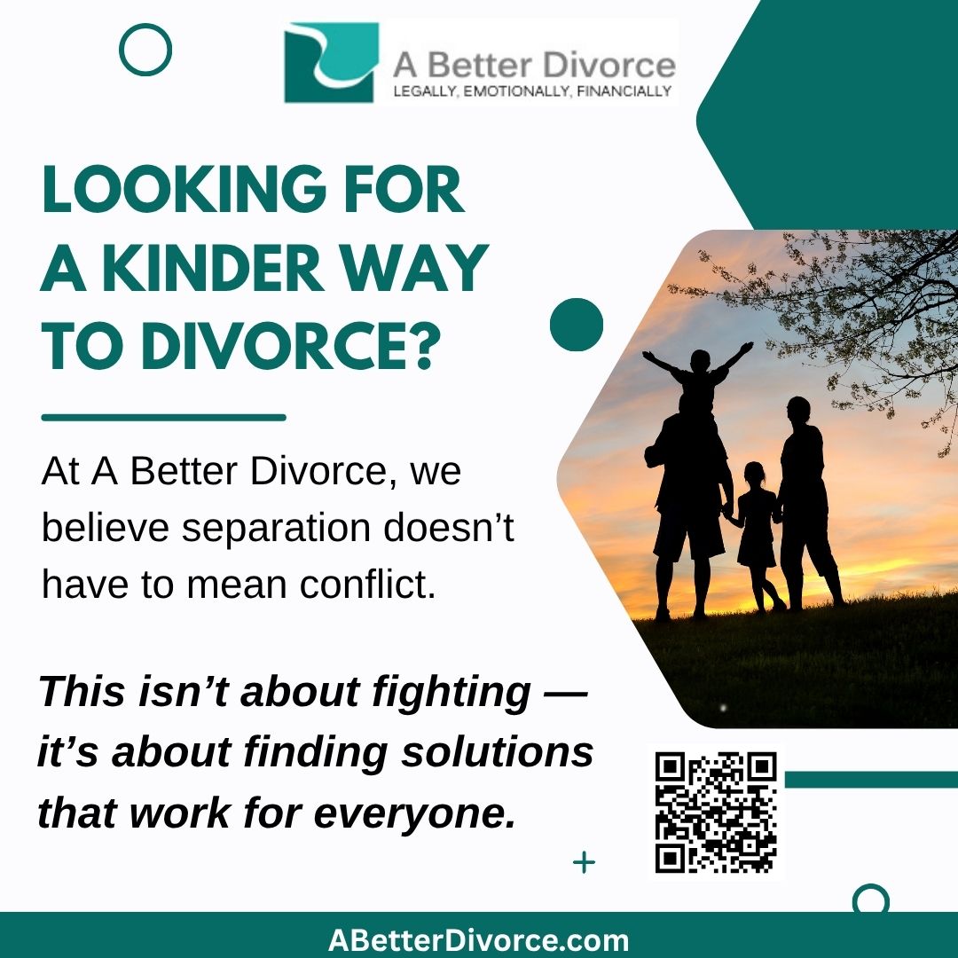 Looking for a kinder way to divorce?

Collaborative Divorce helps couples resolve matters privately, respectfully, and without court battles.

Start your next chapter with peace and clarity. abetterdivorce.com 

#ABetterDivorce #CollaborativeDivorce #DivorceWithRespect